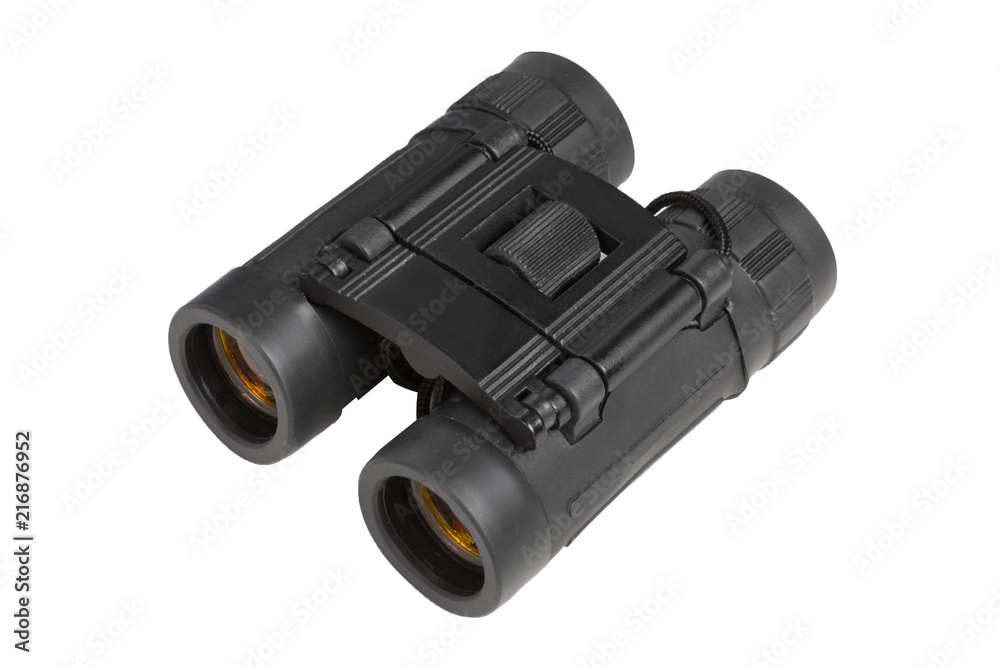 black medium-sized binoculars on white background, isolated black medium-sized binoculars on white background, isolated