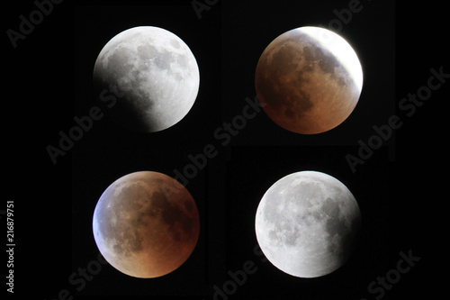 Blood Moon 2018: Longest Total Lunar Eclipse of Century in july, Moon and Mars planet opposition. Night photography. Telescopic view of dark skies and bright satellite full Moon, spectacular view