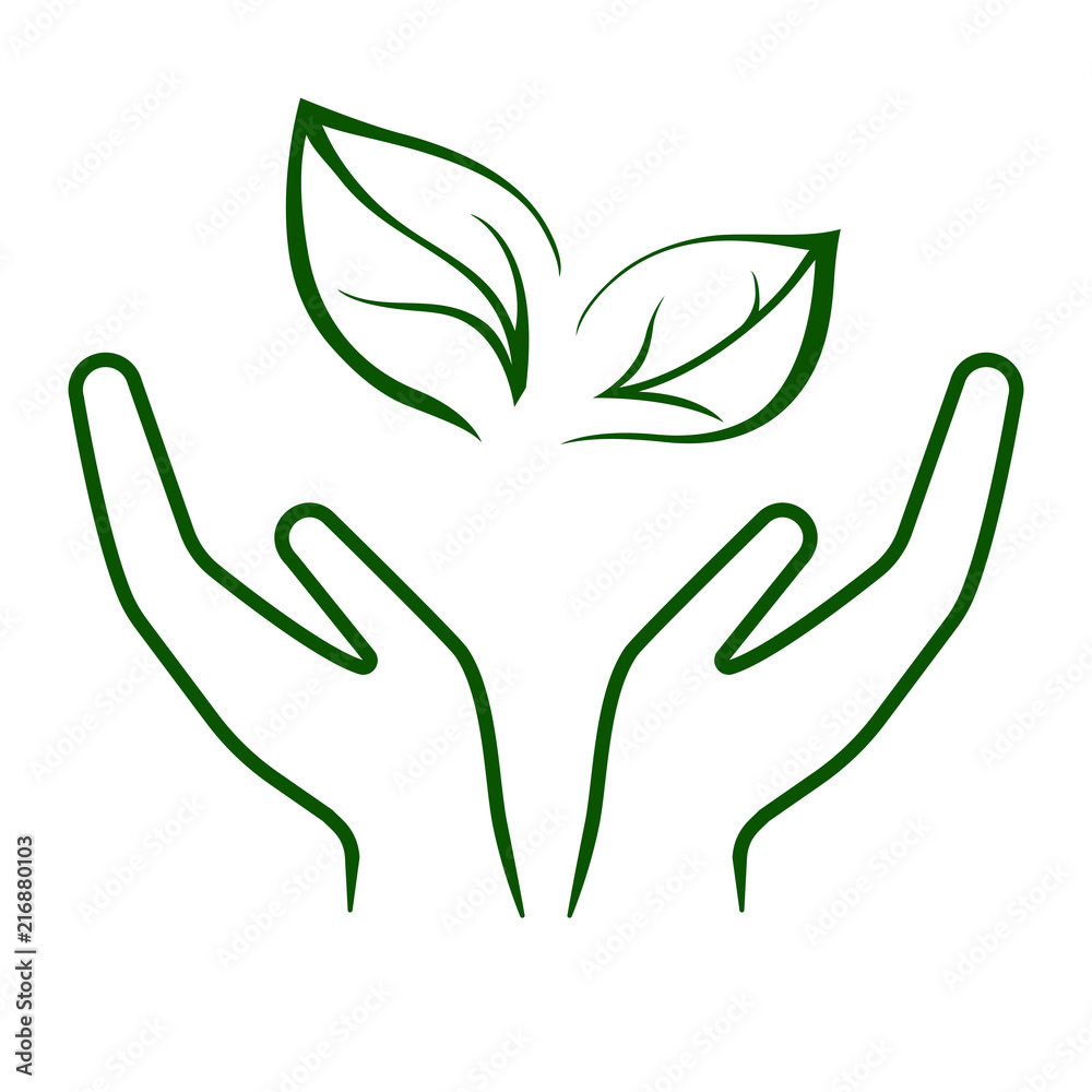 Line icon of hands carefully holding green leaves. Symbol of ecology, environmental awareness, nature protection concept. Vector Illustration Line icon of hands carefully holding green leaves. Symbol of ecology, environmental awareness, nature protection concept. Vector Illustration