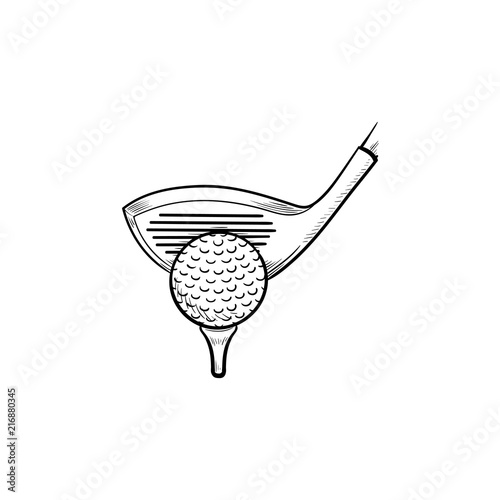 Golf club and ball on tee hand drawn outline doodle icon. Set of golf equipment, golf competition concept. Vector sketch illustration for print, web, mobile and infographics on white background.