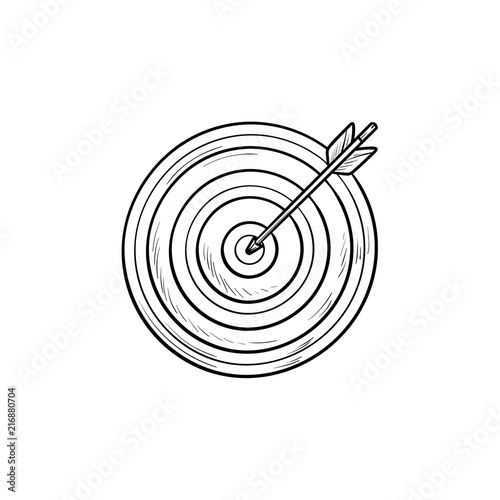 Target with arrow hand drawn outline doodle icon. Success and strategy, dartboard, accuracy and winner concept. Vector sketch illustration for print, web, mobile and infographics on white background.