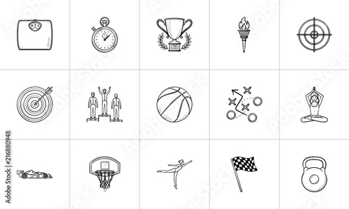 Sport and competition hand drawn outline doodle icon set. Outline doodle icon set for print, web, mobile and infographics. Sport equipment vector sketch illustration set isolated on white background.