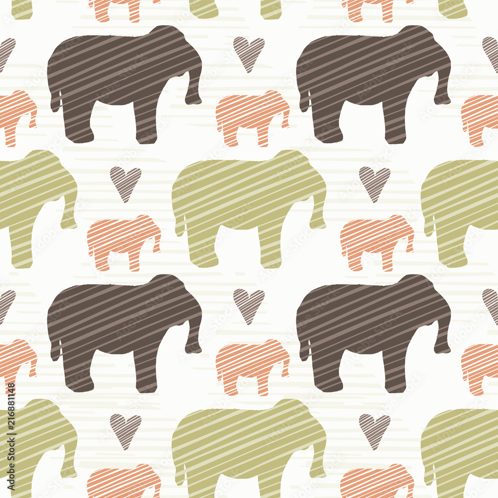 Elephant Silhouette Seamless Vector Pattern Background, Hand Drawn ...
