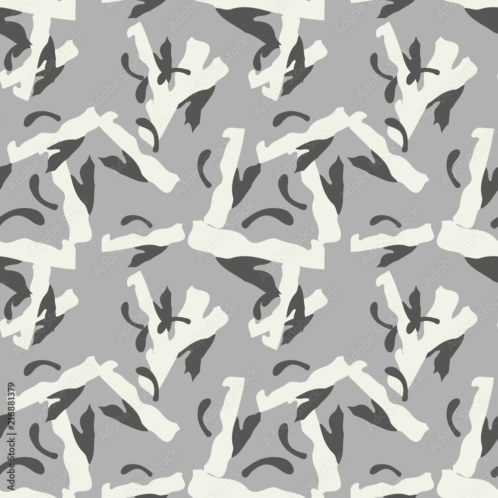 UFO military camouflage seamless pattern in beige and different shades of grey color UFO military camouflage seamless pattern in beige and different shades of grey color