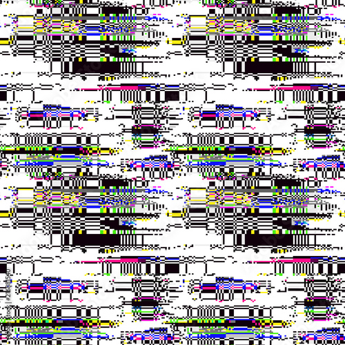 Glitch pattern. Computer screen error. Digital pixel noise abstract design. Television signal fail. Data decay. Glitch seamless texture. Monitor technical problem.