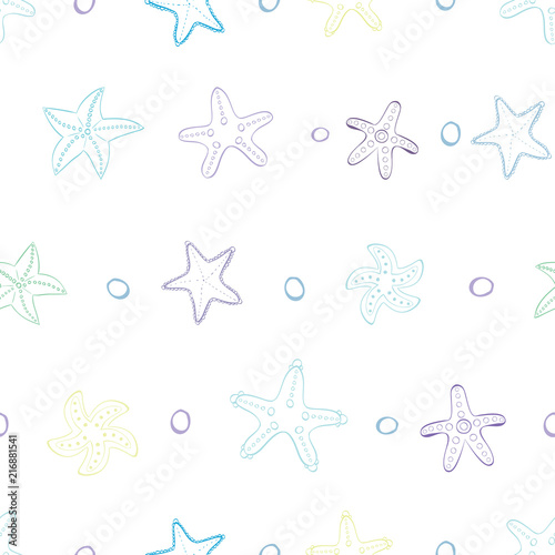 Starfish with bubbles in line vector seamless pattern background.