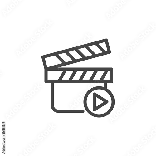 Movie clapperboard and play button. Video recording icon or video image. Multimedia concept label. Outline web pictograph for online seminar, webinar and other professional events. Vector isolated