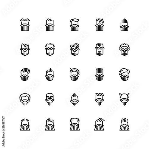 Twenty five  icons of male haircuts, beard, mustaches isolated on white background. Emoji and avatars flat style set.