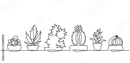 Continuous Line Drawing of Vector Set of Cute Cactus Black and White Sketch House Plants Isolated on White Background.