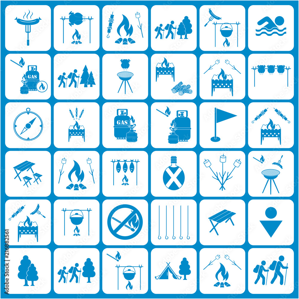 Set of travel and camping equipment icons Set of travel and camping equipment icons