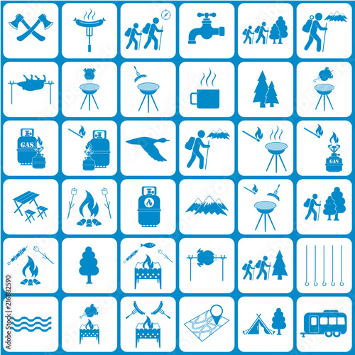 Set of travel and camping equipment icons. Vector illustration