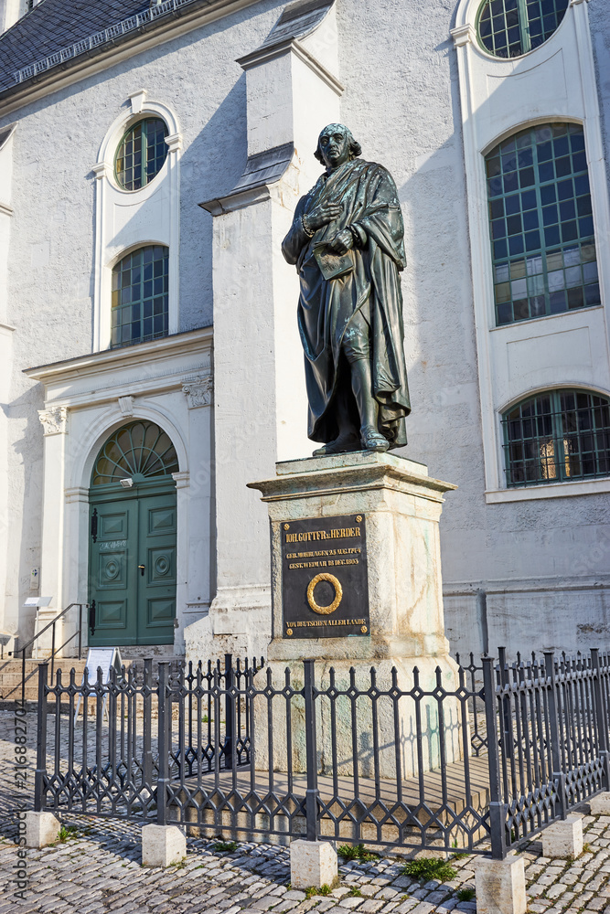Sculpture of Herder - German philosopher, theologian and poet / The sign  says in German: Johann Gottfried Herder, Born in Mohrungen 08/25/1744, Died  in Weimar 12/18/1803 - By Germans of all countries Stock Photo | Adobe Stock