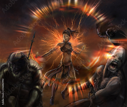 Photography illustration fantasy of girl warrior in battle she kill the enemies whit magic l