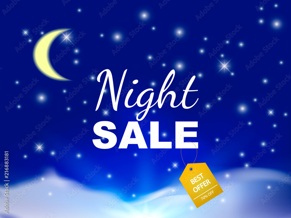 Night sale concept. Evening sky with moon, stars and clouds. Vector illustration.