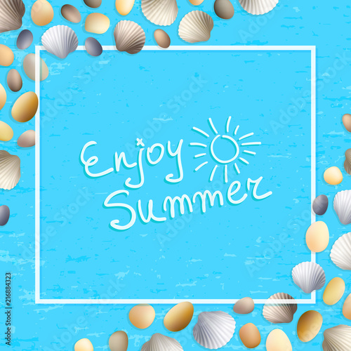 Shells frame. Enjoy summer. Blue grunge background. Stones and seashells vector. Ocean or sea poster. Travel illustration. Tropical beach vacation.