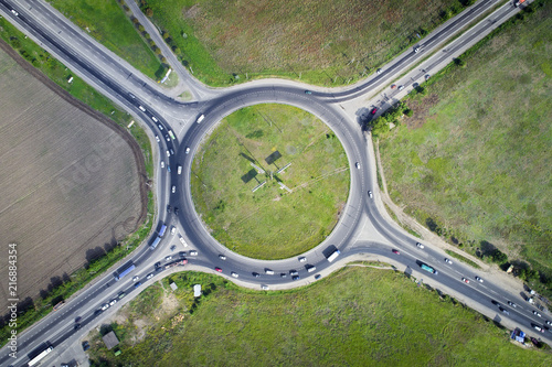 aerial view from drone to road cross with circle