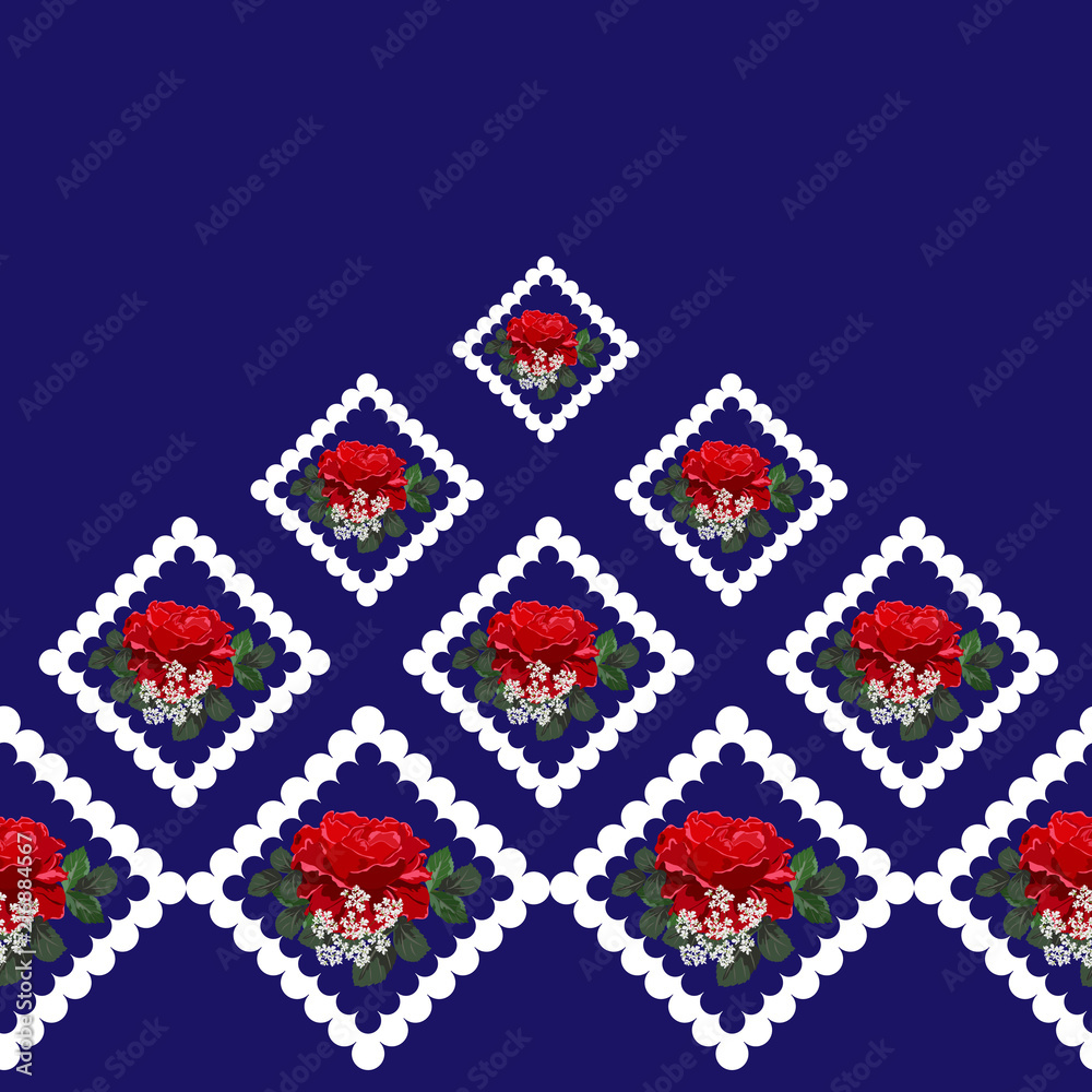 Seamless background with beautiful red roses. Design for cloth, wallpaper, gift wrapping. Print for silk, calico and home textiles.Vintage natural pattern. Seamless background with beautiful red roses. Design for cloth, wallpaper, gift wrapping. Print for silk, calico and home textiles.Vintage natural pattern.