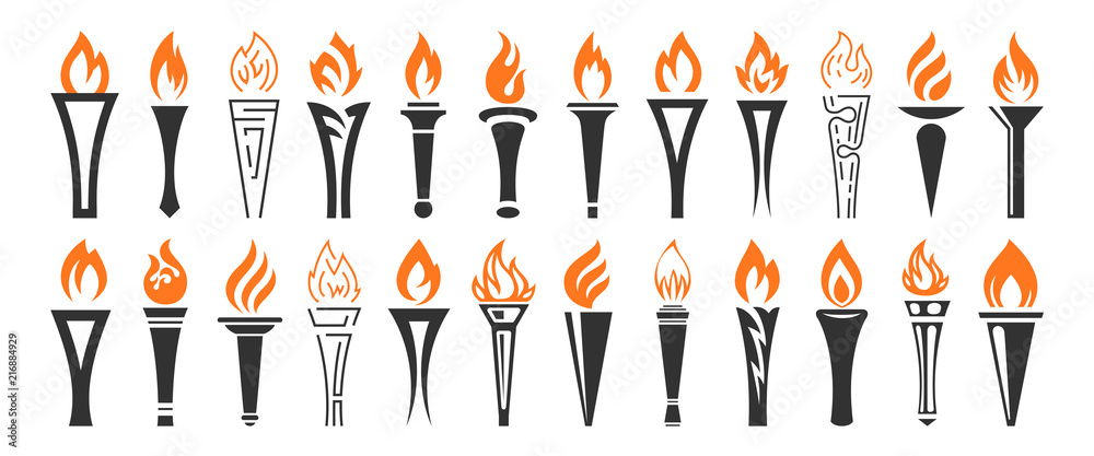 Torch and flame icons set. The symbol of victory, success or achievement. Vector illustration