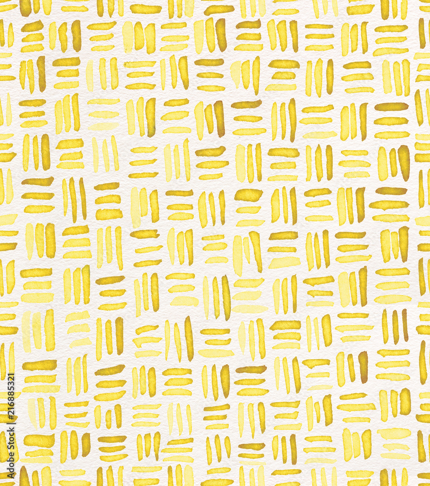 Hand painted watercolor seamless repeat yellow gold crosshatch basket weave pattern. Abstract modern background, illustration.
