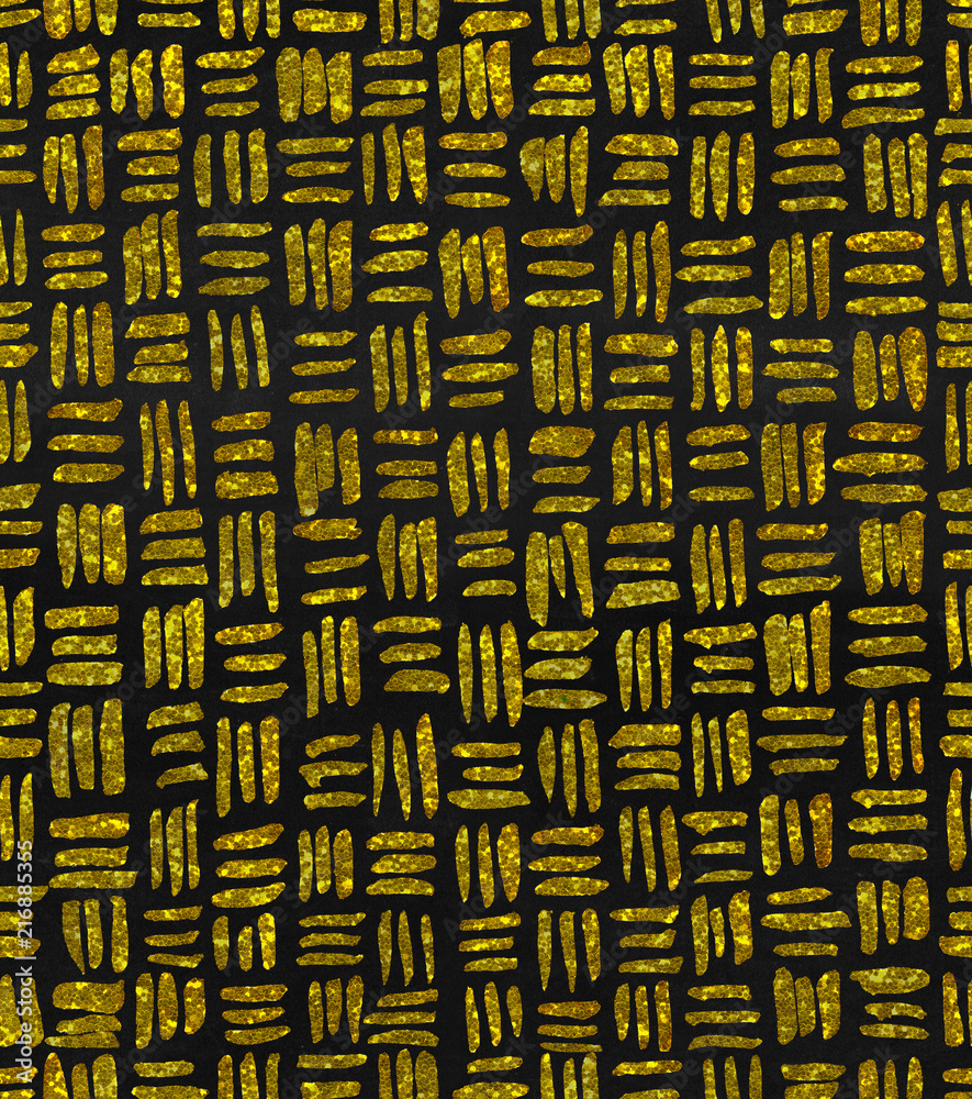 Fototapeta premium Hand painted watercolor seamless repeat gold glitter crosshatch basket weave pattern on a charcoal chalkboard background.