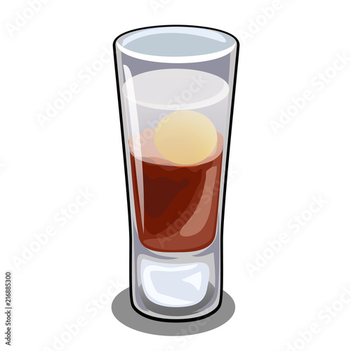 Glass bar cordial glass with cocktail with egg yolk isolated on white background close-up. Recipes of alcoholic drinks. Vector illustration.