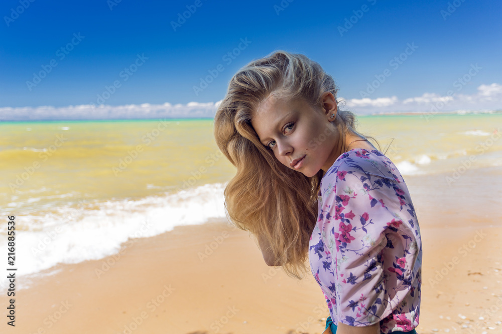 beautiful young girl on the sea background beautiful young girl on the sea background