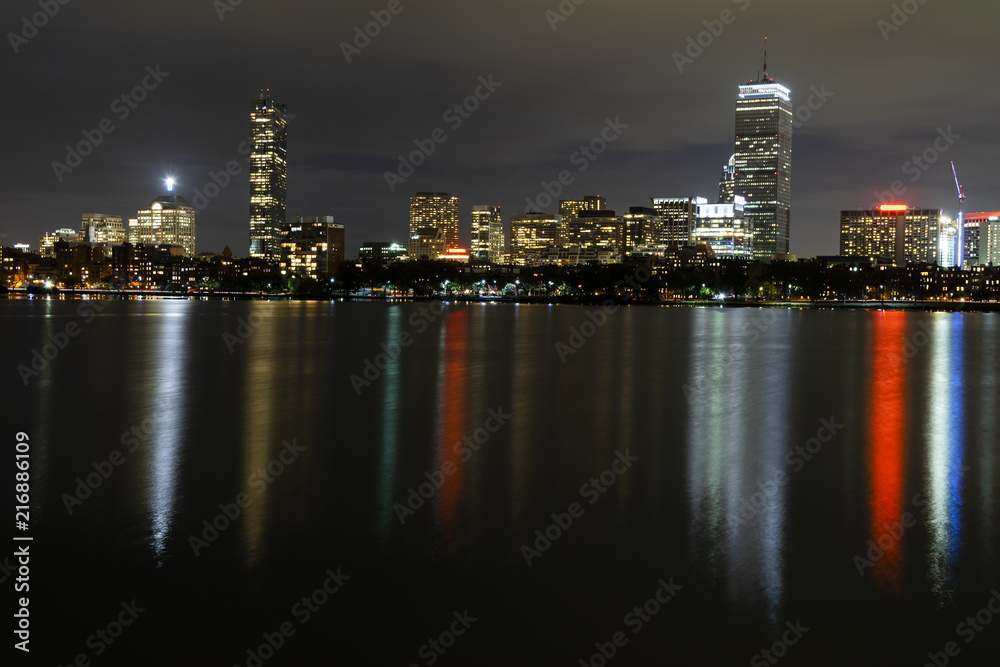 Boston skyline at night, viewed across the Charles river from Cambridge, MA