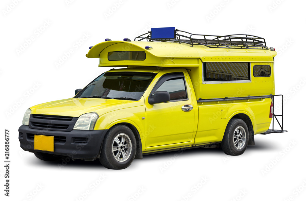 Fototapeta premium yellow minibus travel isolated on white background with clipping path