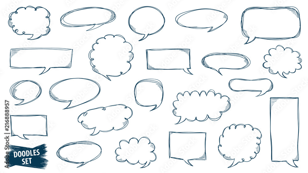 Fototapeta premium Speech bubble doodles set. Scribble frames collection. Sketch vector. Hand drawn effect illustration. Social media messages. Comics text. Chat or dialog clouds set. Scrawl graphics isolated on white.