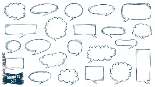 Speech bubble doodles set. Scribble frames collection. Sketch vector. Hand drawn effect illustration. Social media messages. Comics text. Chat or dialog clouds set. Scrawl graphics isolated on white.