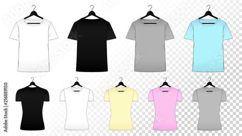 Tshirt mockup. Man and woman clothes front view. Simple isolated vector. Tshirt template for fashion design, presentation or advertising.