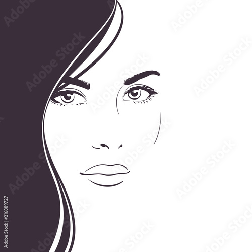 Young woman face with long dark hair