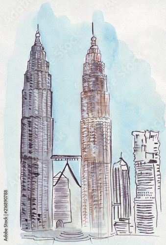 Illustration of a watercolor sketch of twin towers in Malaysia