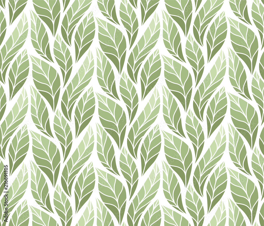 Geometric green floral vector seamless pattern. Abstract vector texture. Art Deco Leaves background.