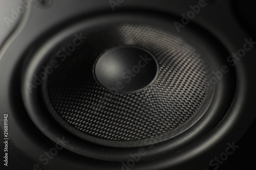Close up of a cone of a studio speaker (black). Concept: tweeter, subwoofer, audio, recording, music, technology