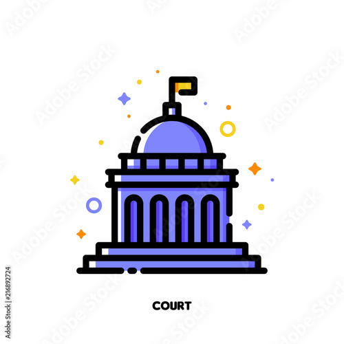 Icon of court building for law and justice concept. Flat filled outline style. Pixel perfect 64x64. Editable stroke