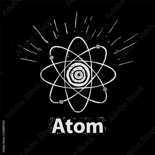 Engraving grange style illustration with the atom. Science stylish art.