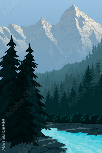 vector evening in beautiful mountains with river