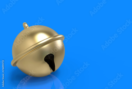 3d rendering. golden jingle bell on blue copy space background.