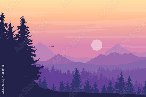 Landscape with high mountains and coniferous forest in multiple layers, with flying birds and sun or moon on yellow purple sky and cloud, with space for text © Forgem