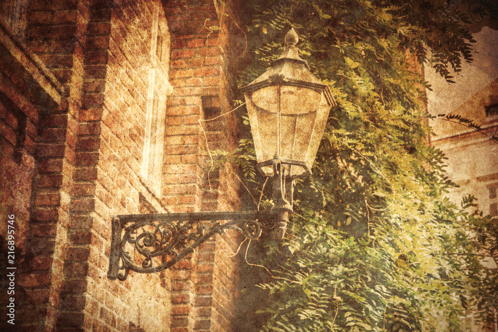 Old vintage street lamp in Germany. Image made in old color style