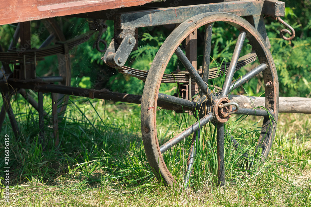 Close up of a wheel in a rusty metal rim from the old wooden cart. The cart costs on the street in the summer on a green grass per sunny day