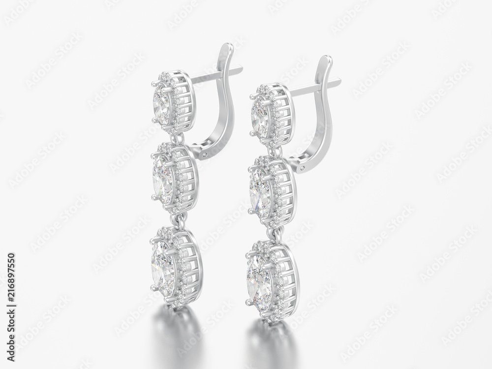 Fototapeta premium 3D illustration jewelry white gold or silver diamond earrings with hinged lock
