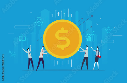 Businessmen team hold a huge dollar coin