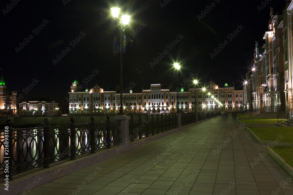 Yoshkar Ola city. Mari El, Russia. Bruges Quay in the city of Yoshkar-Ola in night