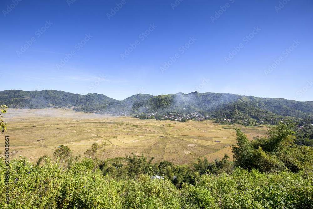 Smoke rising above the spider rice fields during harvest time in Flores, Indonesia.