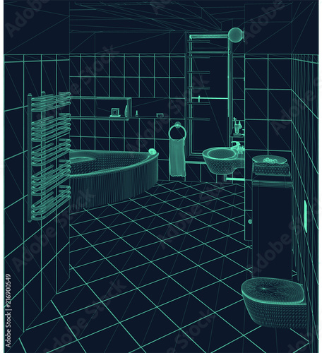 wire frame illustration of a bathroom for virtual reality