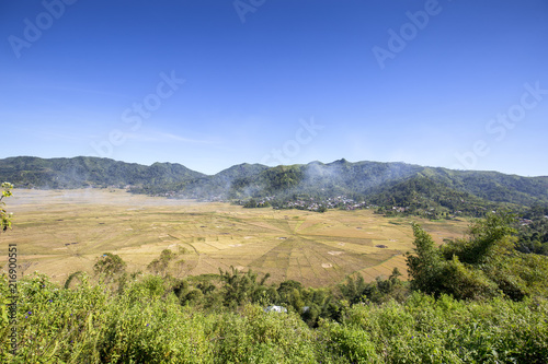 Smoke rising above the spider rice fields during harvest time in Flores, Indonesia.