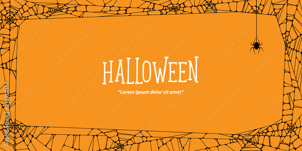 Fototapeta premium Halloween horizontal frame black cobweb and spider on orange background ilustration vector. Halloween concept.