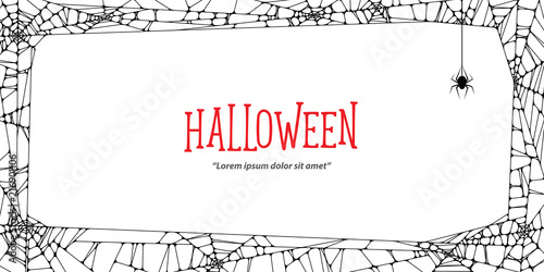 Halloween horizontal frame black cobweb and spider on white background ilustration vector. Halloween concept.